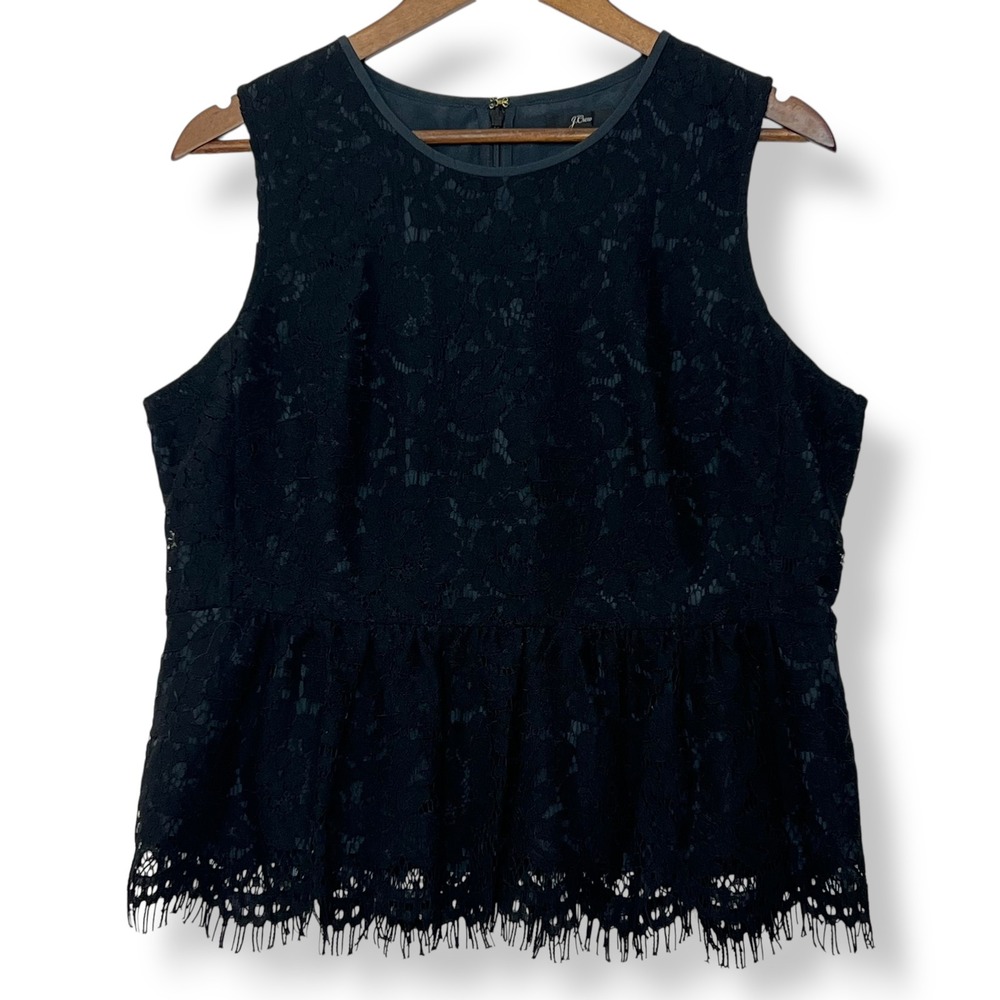 J.β Crew 12 Black Floral Lace Peplum Tank Top Eyelash Hem Whimsigoth Witchy Dark